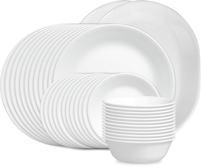 Corelle Vitrelle 38-Piece Service for 12 Dinnerware Set, Triple Layer Glass and Chip Resistant, Lightweight Round Plates and Bowls Set, Winter Frost White