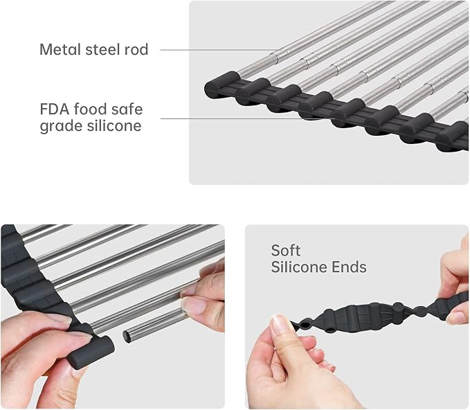 Large Telescopic Drain Rack Roll Up Rack Heat-Resistant Dish Drainer Kitchen Sink Rack Over the Sink Dish Drying Rack Stainless Steel Dish Rack (18 Tube 21.25''x12.79'')