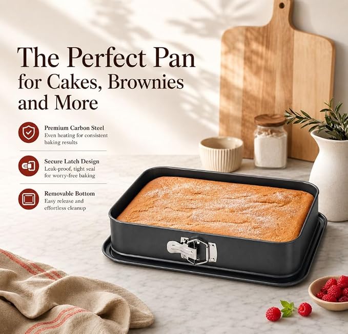 Rectangular Springform Cake Pan 11.02"x7.09"x2.55" - Leakproof Non-Stick Carbon Steel Cheesecake Pan with Removable Bottom Baking Pan for Cakes, Brownies, Lasagna & More