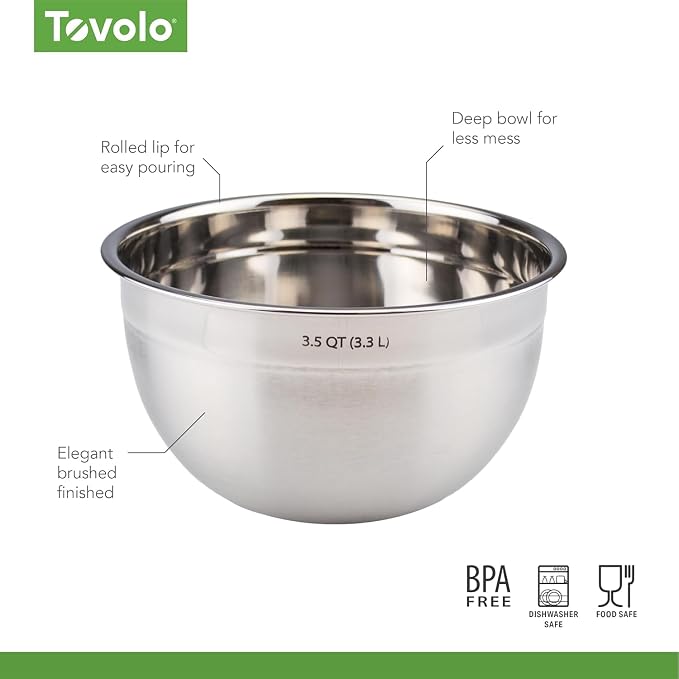 Tovolo Medium Stainless Steel Mixing Bowl 3.5 Quart Nesting Metal Bowl with Rounder Lip Edge, Dishwasher Safe Single Metal Bowl Kitchen Prep Essential, Whisking Bowl for Baking and Cooking