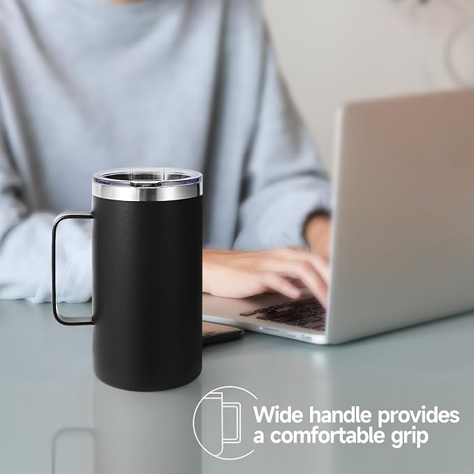 Volhoply 22oz Insulated Stainless Steel Coffee Mugs with Leakproof Lid Bulk 2 Pack,Double Wall Vacuum Travel Coffee Cup with Handle,Reusable Metal Tumbler,Camping Mug Keep Hot&Cold(Black,2)