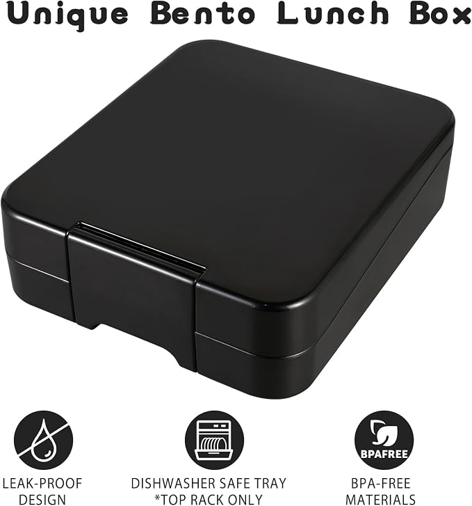 Bento Lunch Box Set for Kids with 10oz Soup Thermo, Leak-Proof Lunch Containers with 4 Compartment, Kids Thermo Hot Food Jar and Insulated Lunch Bag for Kid to School,BPA-Free(Black)