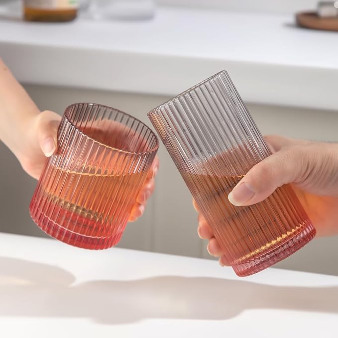 Ribbed Drinking Glasses 8pcs, 12oz and 10oz Glassware, Tumbler Glasses Cup Set for Wedding, Party, Christmas Gift, Grey Pink