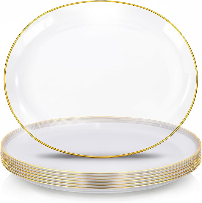 6-Pack Clear and Gold Plastic Serving Trays - 10x12 Inch Heavy Duty Oval Disposable Serving Platters for Cookie/Appetizer/Snack Party Food Display - Clear Gold Serving Trays for Party/Wedding/BBQ