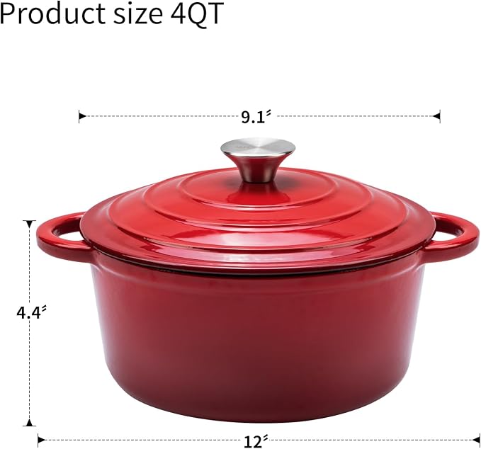 4-QT Enameled Cast Iron Round Dutch Oven With Lid,Oven safe,Red | Small enameled cast iron Dutch oven,Retains moisture,PFAS-free,500°F,sourdough,braising/stews/roasting,Housewarming Gift