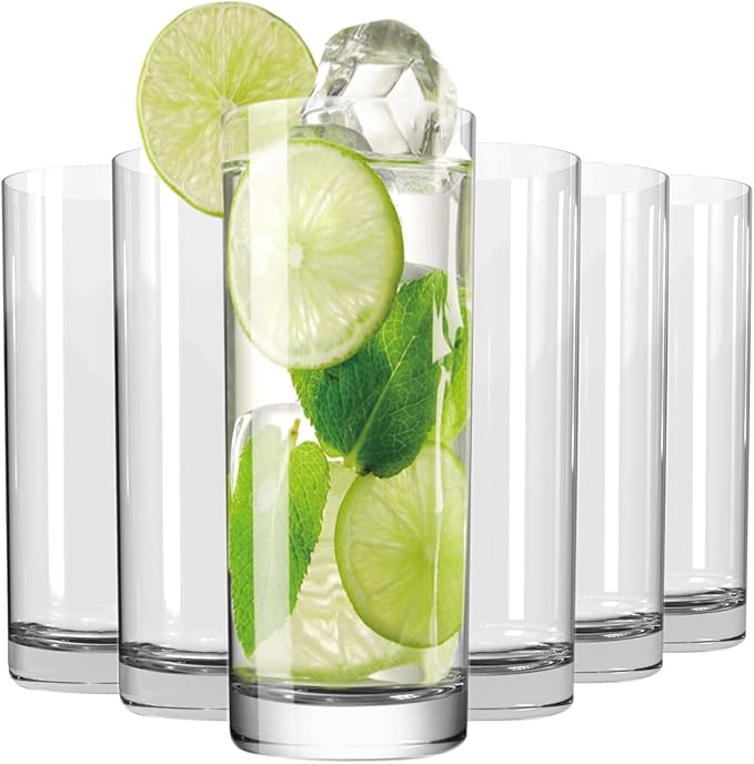 Drinking Glasses Set of 6, 16oz Crystal Highball Glasses, Clear Tall Glass Cups,Water Glass for Kitchen,Tom Collins,Juice,Whiskey,Mojito Cocktail Glasses for Bar Glassware,Gifts for Christmas