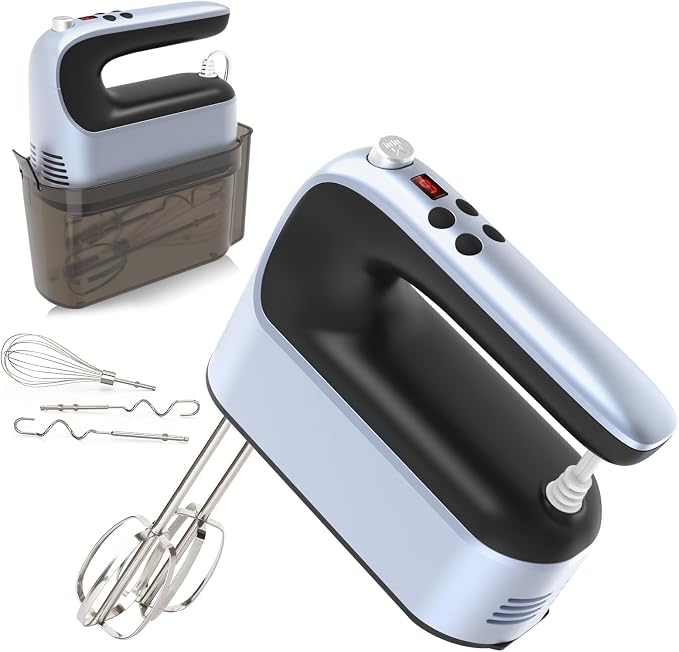 Yomelo 9-Speed Digital Hand Mixer Electric, 400W Powerful DC Motor, Hand Mixer Electric Handheld with Snap-On Storage Case, 5 Stainless Steel Accessories, Beaters, Dough Hooks, Whisk(Ocean Blue)
