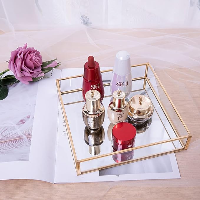 Sooyee Gold Rectangle Mirror Tray, Metal and Glass Fragrance Tray, 12"x8" | Decorative Tray, Can Hold Perfume, Jewelry, Cosmetics, Makeup, Magazine and More, For Vanity, Dresser, Bathroom, Bedroom