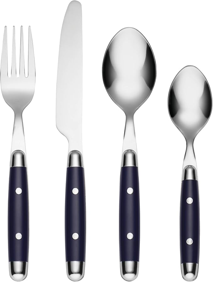 Cambridge Jubilee Blue 16-Piece 18/0 Silverware Set for 4, Flatware | blue, dishwasher safe | includes knives, forks, and spoons | heavy duty, cutlery set for kitchen and dining, utensil set
