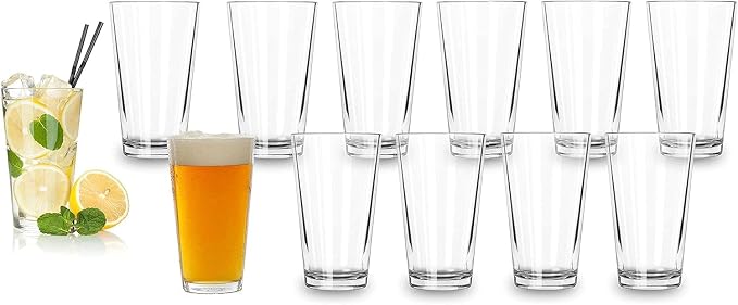 Bulk Classic Premium Beer Pint Glasses 16 Ounce – Set Of 12 Highball Cocktail Mixing Glass – Perfect for Cold Beverages, Soda, Water - Used in Bar, Restaurant
