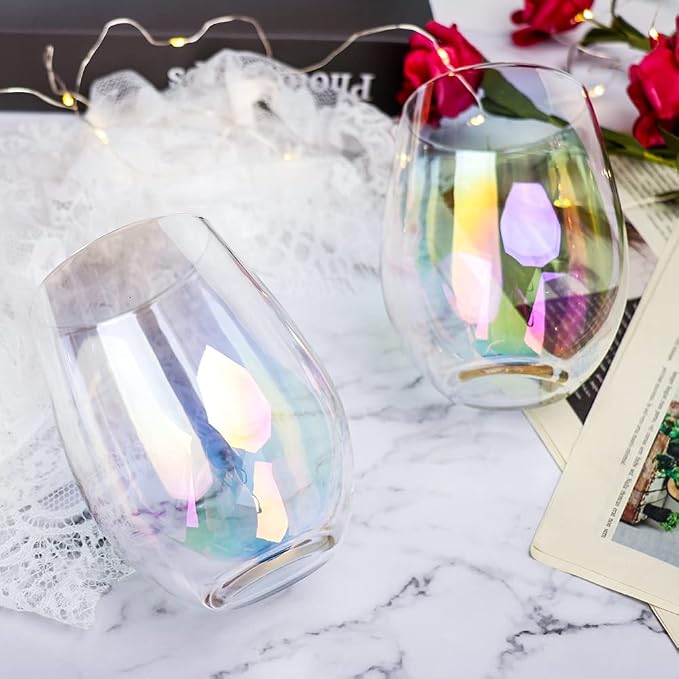 Gutsdoor Wine Glasses Large Stemless Wine Glasses 18.9 Ounce Set of 4 Iridescent Glasses All-Purpose Drinking Wine Beverage Glasses for Red White Wine, Water, Beer, Juice, Whiskey & Bar Decor