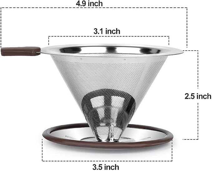 Pour Over Coffee Dripper, Reusable 304 Stainless Steel Filter for 1-2 Cup | Dual 304 stainless micro mesh, silicone heat handle, anti-slip stand, paperless reusable, easy clean for travel camping