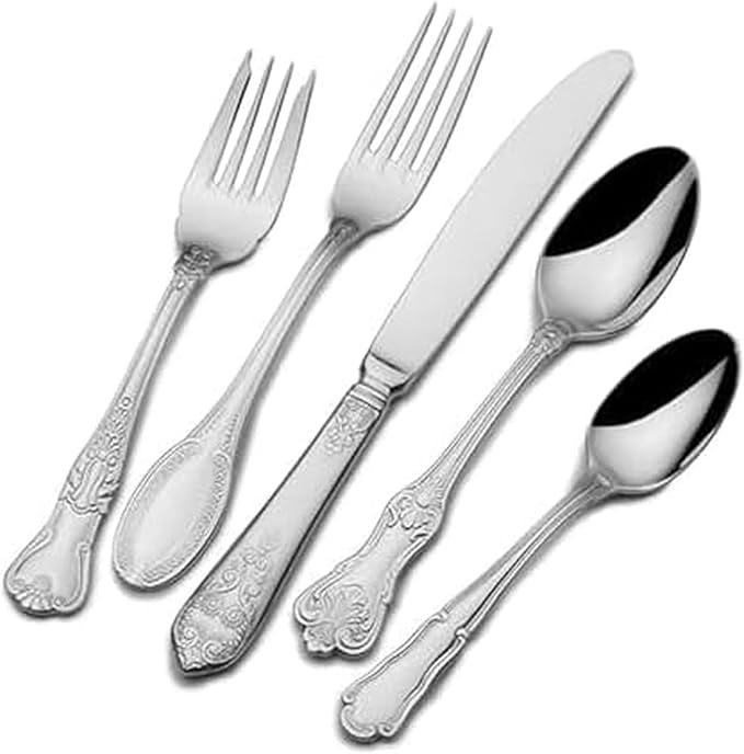Wallace Hotel 77-Piece Flatware Set, 18/10 Stainless Steel Silverware Set for 12 with Filigree Handles, Dishwasher Safe Cutlery Set for Formal Dining