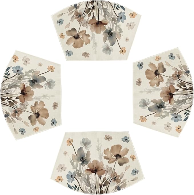Artoid Mode Brown Poppy Floral Round Table Wedge Placemats Set of 4, Seasonal Kitchen Dining Table Decoration for Indoor Party Home