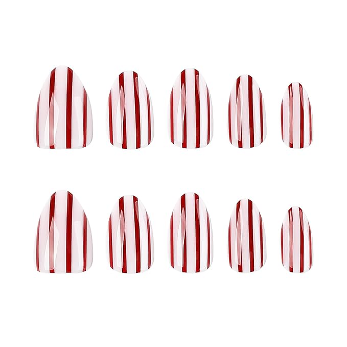 Stripe Press On Nails Short Almond Fake Nails With Pink Stripe Designs | Glossy False Nails Acrylic Nails Press Ons Full Cover Glue On Nail Reusable Stick On Nail For Women 24Pcs
