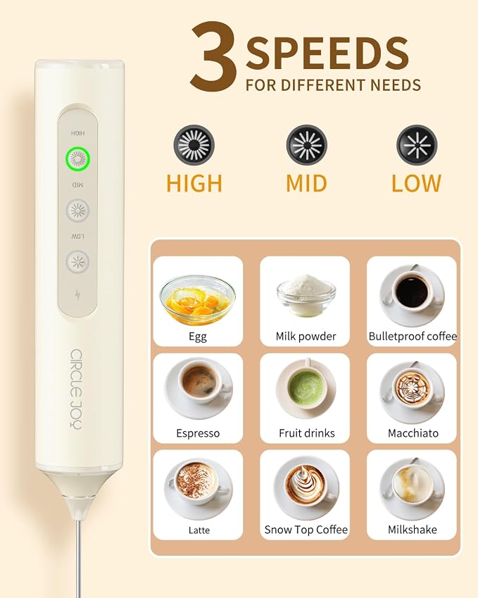 CIRCLE JOY Rechargeable Handheld Milk Frother Wand with Stand, 3 Variable Speeds, 3 Whisks and Storage Box, Electric Drink Mixer for Latte, Cappuccino, Hot Chocolate, Eggs and Protein Powder, Beige