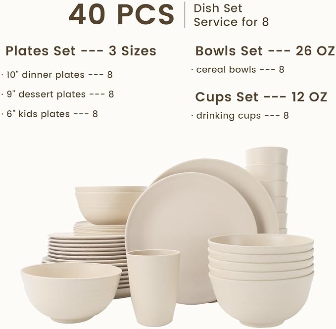 40 PCS Dinnerware Set Service for 8, Kitchen Wheat Straw Dinnerware Set Unbreakable - Plates Set, Bowls Set,Cups Set, Microwave and Dishwasher Safe Dish Set for Dinner, Outdoor(Beige)