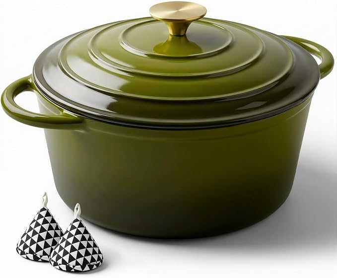Miereirl 6 Quart Enameled Dutch Oven Pot with Lid, Cast Iron Dutch Oven with Dual Handles for Bread Baking, Cooking, Non-stick Enamel Coated Cookware, Golden Green