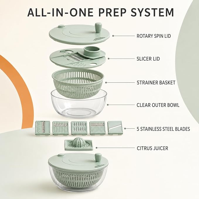 5-Blade Salad Spinner, Mandoline Vegetable Slicer and Juicer, Green | 304 stainless steel blades for slicing, shredding and crinkle cuts, with lettuce dryer basket, egg separator and food holder