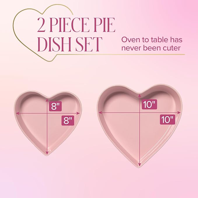 Paris Hilton Heart-Shaped Pie Dish Set, Finely Crafted 8-Inch and 10-Inch Stoneware Baking Dishes with Elegant Fluted Exterior, Nesting Design, Oven Safe up to 450°F, 2-Piece, Pink