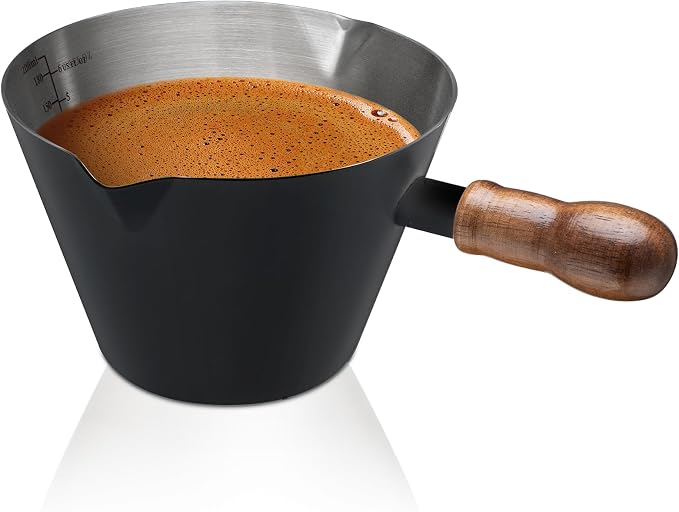 Amrules Espresso Cup, 6.8 oz/200 ml Stainless Steel Coffee Shot Measuring Cup with Wood Handle, Double V-Shaped Mouth and Clear Scale for Cappuccino Barista Coffee Bar Accessories, Black