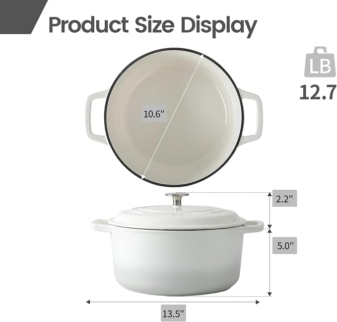 EDGING CASTING Enameled Cast Iron Dutch Oven Pot With Lid, Dutch Oven for Sourdough Bread Baking Round Pot Dule Handle, 6 Quart, White