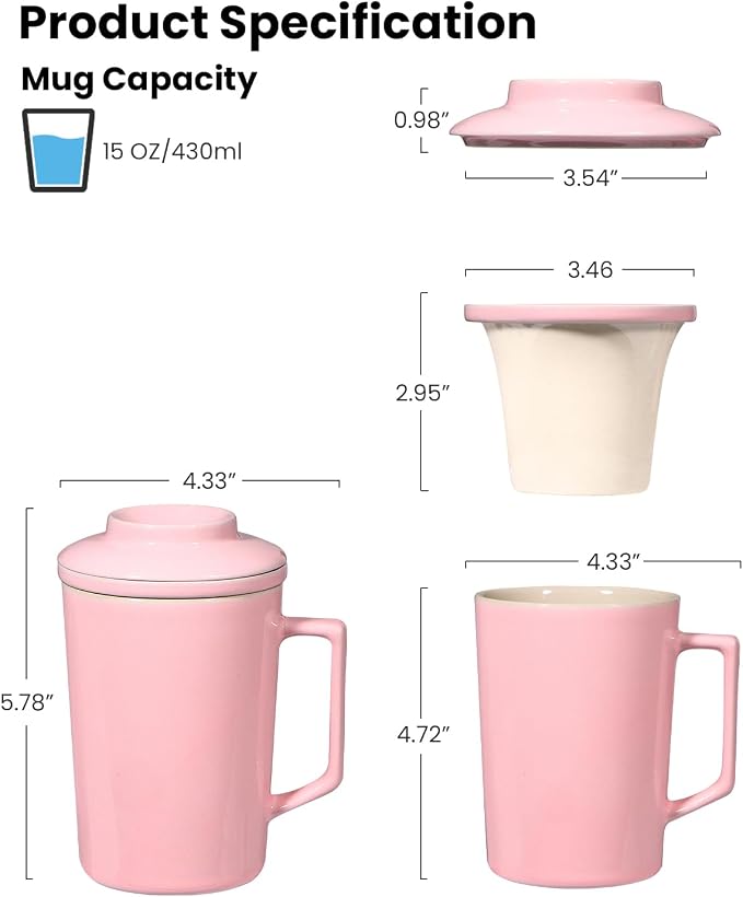 15 OZ Porcelain Tea Infuser Cup with Lid,Ceramic Tea Mug with All-Porcelain Strainer for Loose Leaf Teas,Microwave and Dishwasher Safe Tea Mug,Metal-Free,BPA-Free for Tea-Lover/Birthday Day(Pink)