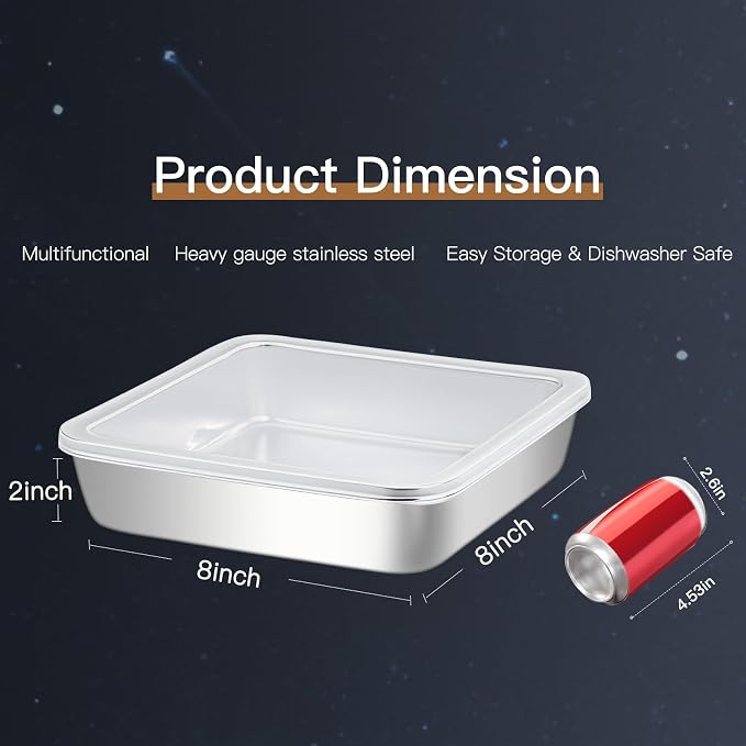 Premium 18/0 Stainless Steel Square Cake Pan with PE Lid (2-Pack), 8x8x2 Inch Heavy-Duty Baking Mold for Brownie, Casserole & Oven Baking, Dishwasher Safe Bakeware Set