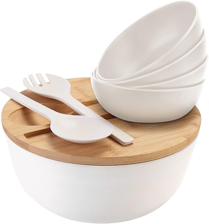 ShineMe Salad Bowl Set, 9.8inches Large Salad Bowl with Lid, Bamboo Salad Serving Bowl with 4pack Small Snack Bowls and Servers(Fork & Spoon) for Mixing Salad, Vegetables and Pasta(White)