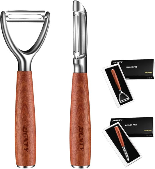 Potato Peelers Stainless Steel Set, Vegetable Peeler for Kitchen | Ultra Sharp & Rotary Blade, Rust Proof, Thickened Ergonomic Wooden Handle, Premium Veggie Fruit Peelers, I & Y Shaped Peeler