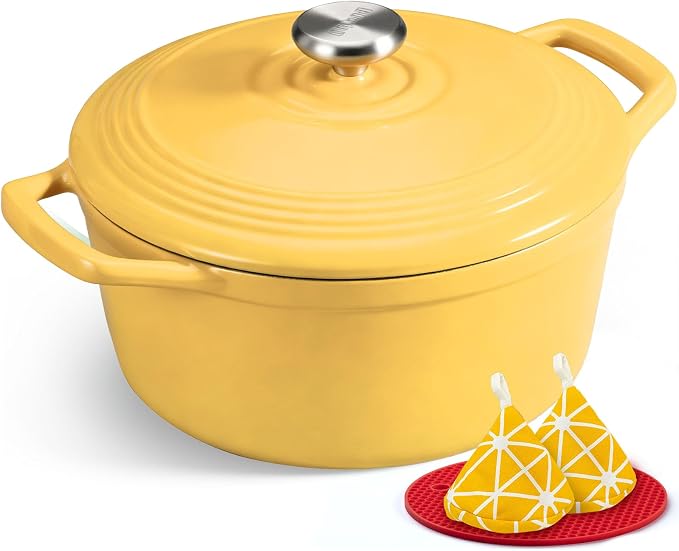 Overmont Enameled Cast Iron Dutch Oven - 5.5QT Pot with Lid Cookbook & Cotton Potholders - Heavy-Duty Cookware for Braising, Stews, Roasting, Bread Baking