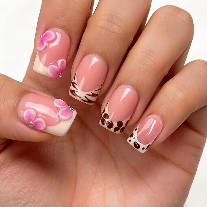 Luxury Handmade Press on Nails Pink White Gradient 3D Flower Fake Nails Stylish Short Square with Classic Leopard French Tip False Nail Thick Muti-Layer Gel Acrylic Stick on Nails for Women (S)