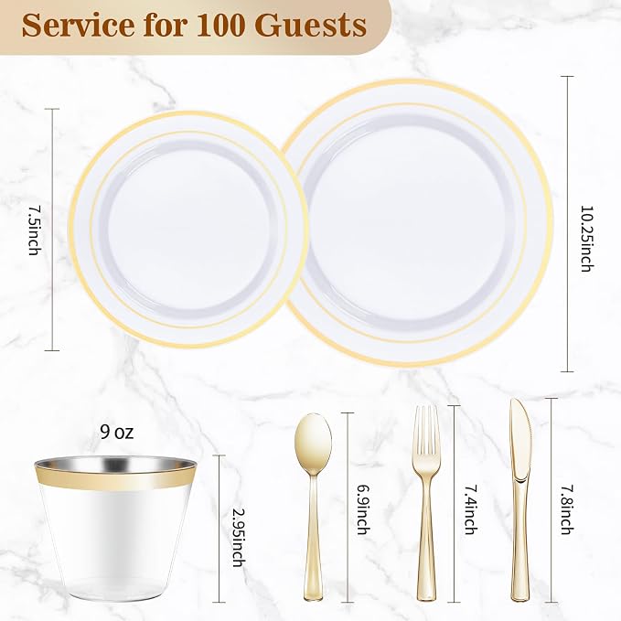 BESTVIP 600PCS Gold Dinnerware Set for 100 Guests, Plastic Plates for Party, 100 Gold Disposable Plates, 100 Dessert Plates, 100 Cups, 100 Spoons, 100 Forks and 100 Knives | for Party, 100 Gold Disposable Plates, 100 Dessert Plates, 100 Cups, 100 Spoon...