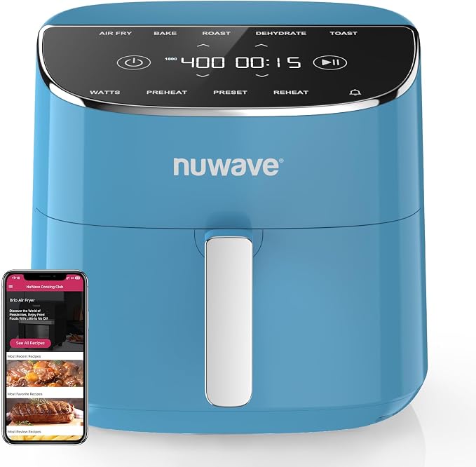 Nuwave Brio Plus Air Fryer 8 Qt, New & Improved, PFAS-Free Ceramic Coating | 7 Digital One-Touch Modes: Air Fry/Bake/Roast/Dehydrate/Toast/Reheat/Preheat; 150 Presets; 50–400°F; 700/1500/1800W; CozyBlue