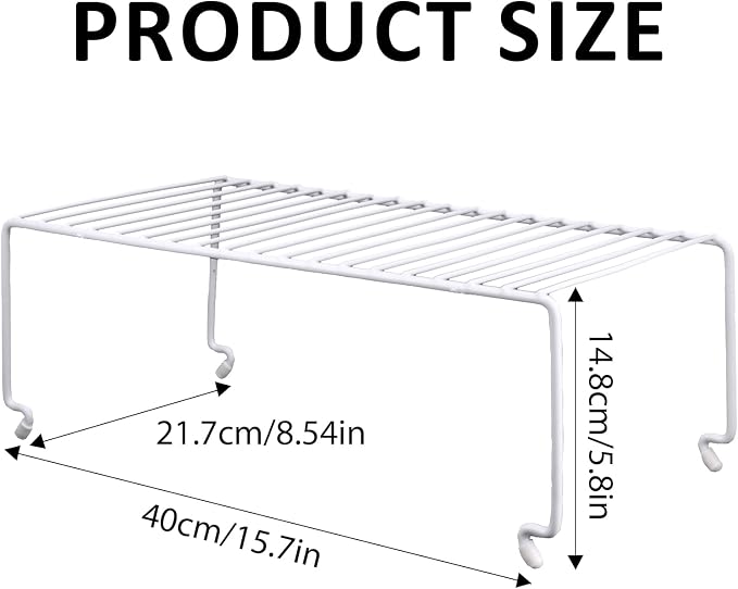 4-Pack Kitchen Cabinet Shelf Riser - Stackable Cupboard Organizer & Wire Rack for Pantry, Spice Organization, Desk & Bathroom, Rustproof Metal Closet Shelves, White (15.7" L x 8.5" W)
