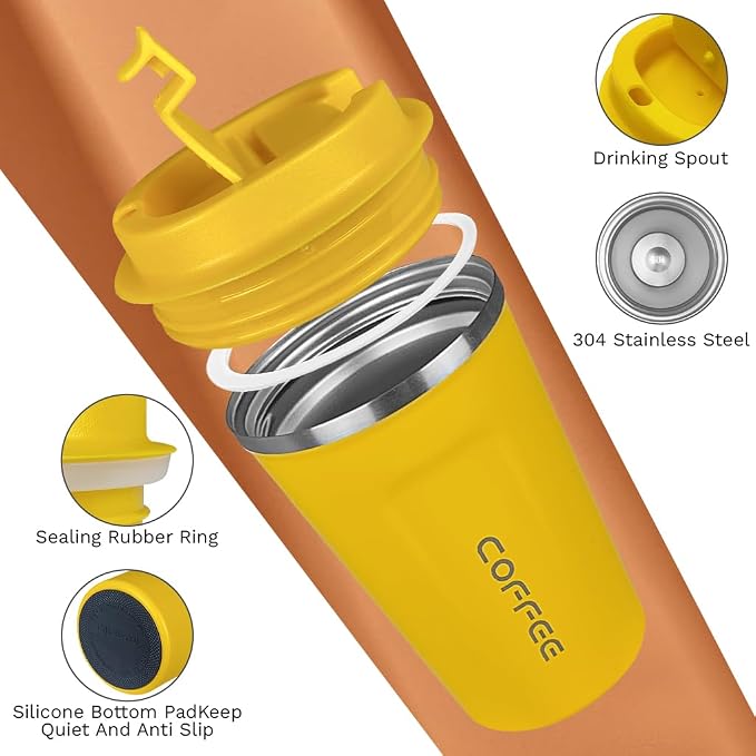 SPLMIFA Travel coffee mugs leak-proof, reusable coffee cup with lid, stainless steel vacuum insulated coffee tumblers, thermal insulation cups for men & women keep drinks hot & cold (2nd-Yellow, 17OZ)