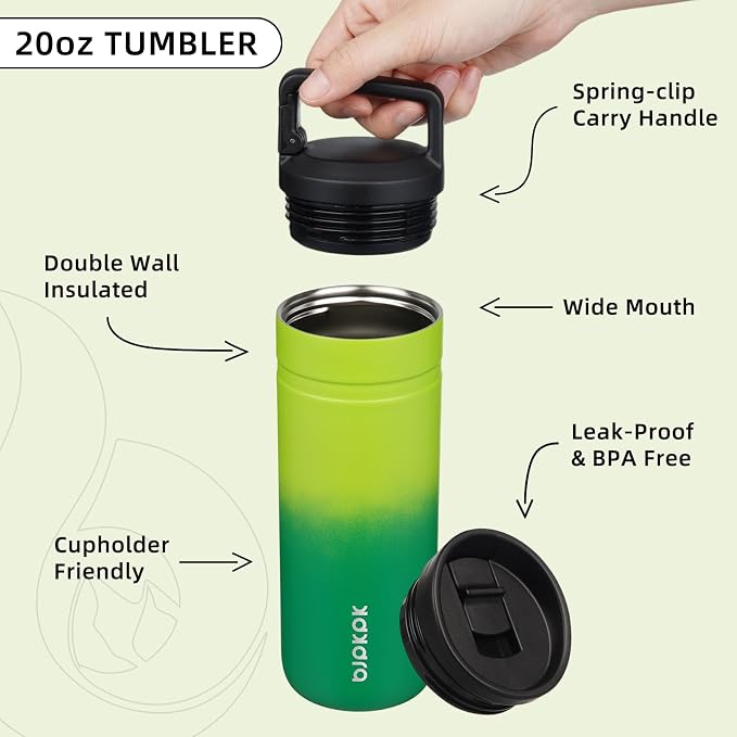 BJPKPK 20 oz Insulated Travel Water Bottle, Coffee Tumbler Stainless Steel | Double Wall Vacuum, Leakproof, Thermal, Keeps Hot/Cold, Dishwasher Safe, Spill Proof, Wide Mouth, 2 Lids, Matcha Green