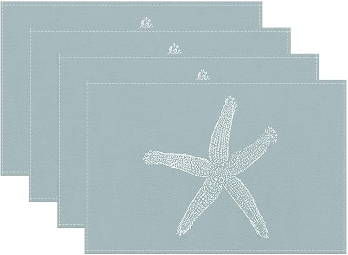 Summer Coastal Placemats Set of 4, Beach Theme Ocean Seafoam Blue Starfish Decorative Table Mat 12 x 18 Inch Heat Resistant Non Slip Line Fabric Nautical Place mat for Dining Table
