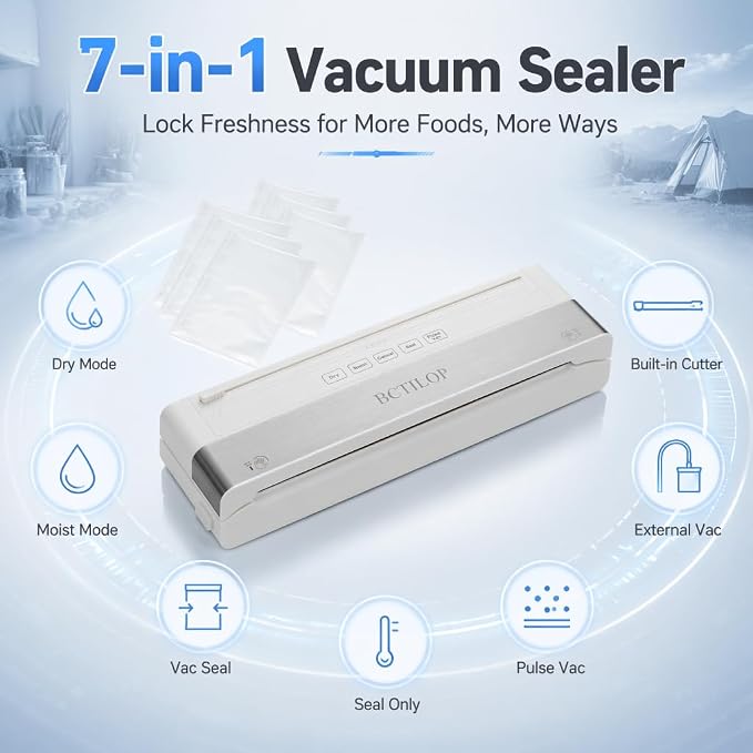 Vacuum Sealer Machine, 75KPa Automatic Food Sealer | with External Vacuum System, 7-in-1 Dry/Moist Modes, Compact Lightweight Design, Built-in Cutter + 10 Bags