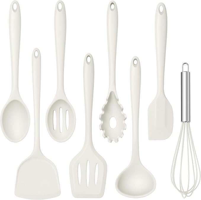 TeamFar Silicone Cooking Utensils Set, 8 PCS Kitchen Utensils Set, White | 446°F Heat Resistant Turner, Spatula, Spoon, Whisk, Kitchen Cooking Gadgets Tools, for Nonstick Cookware, Dishwasher Safe