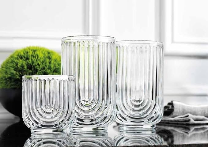 Glaver's 16-Piece Drinking Glass Set, Art Deco Ribbed Arch Design, Clear U-Shape Glassware, 17oz Highball and 11oz DOF Glasses