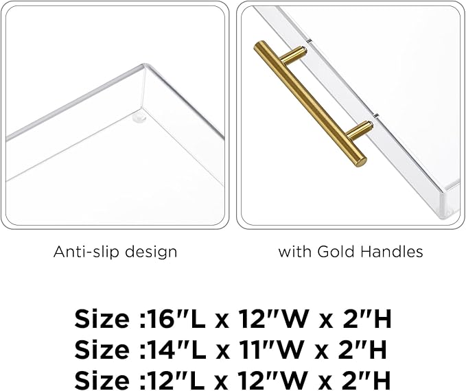 12"x12" Clear Acrylic Serving Tray with Golden Handles, Sturdy Huge Capacity Acrylic Trays for Coffee, Juice, Kitchen and Desk Organizer, Storage Tray (12"x12")