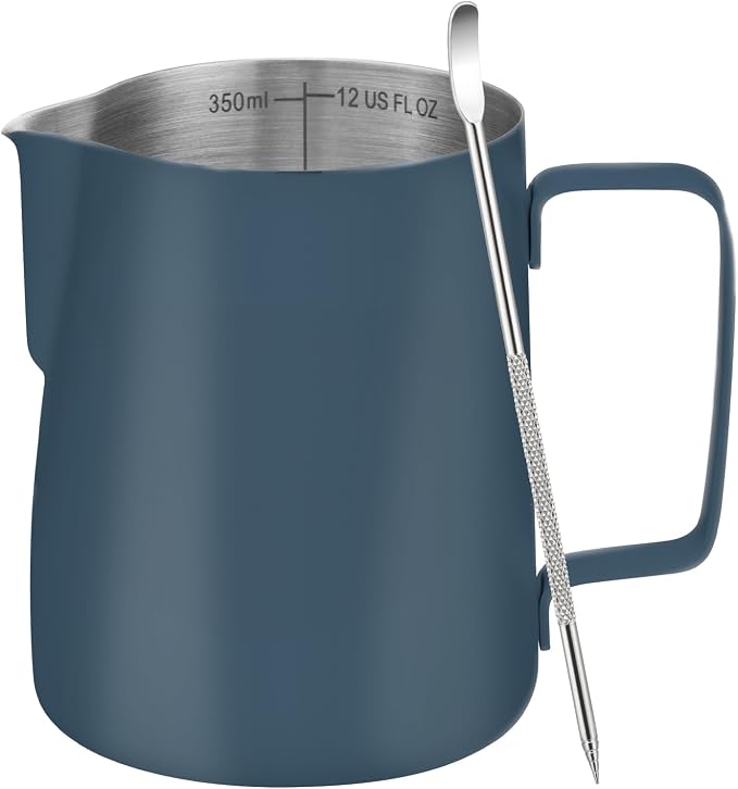 Amrules Milk Frothing Pitcher, 12 oz Milk Frother Cup with Clear Scale, 304 Stainless Steel Cappuccino Espresso Machine Accessories for Barista Coffee Bar with Latte Art Pen, Blue