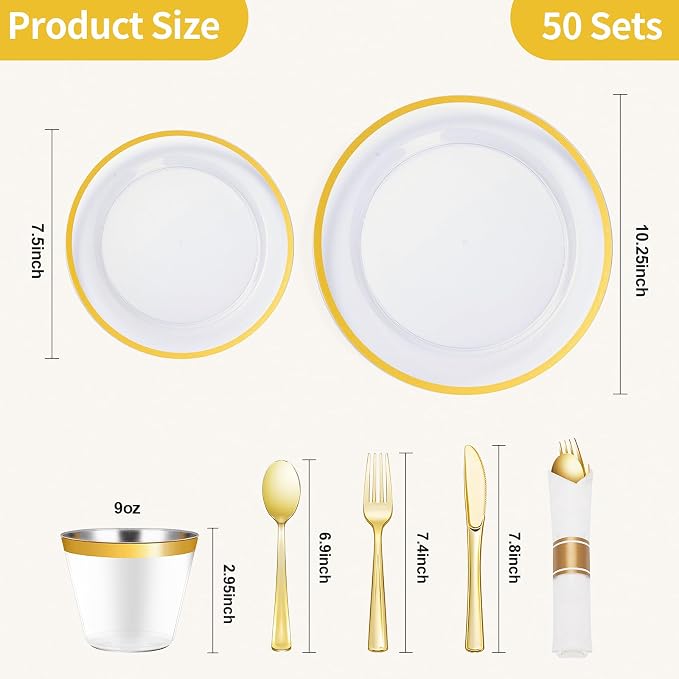 350 Piece Clear Gold Disposable Plastic Dinnerware Sets for Party | Plastic Silverware for 50, Include: 100 Plastic Plates, 50 Pre Rolled Napkins with Cutlery Sets, 50 Cups for Party