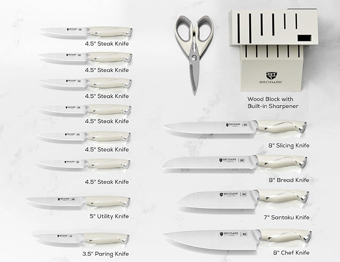 15Pcs Professional High Carbon Stainless Steel Knife Set With Block | Premium Ultra Sharp German Steel Kitchen Knives with Built-in Sharpener, Ergonomic White Handle, Ideal Gift, Ivory Series