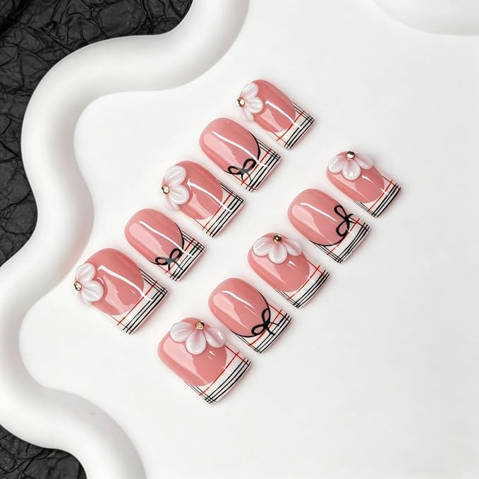 Luxury 3D Flower Short Square Press on Nails Handmade Fake Nails with Floral & Bow Art Design Stripe French Tip False Nails Muti-Layer Gel Handmade Thicked Acrylic Stick on Nail for Women (S)