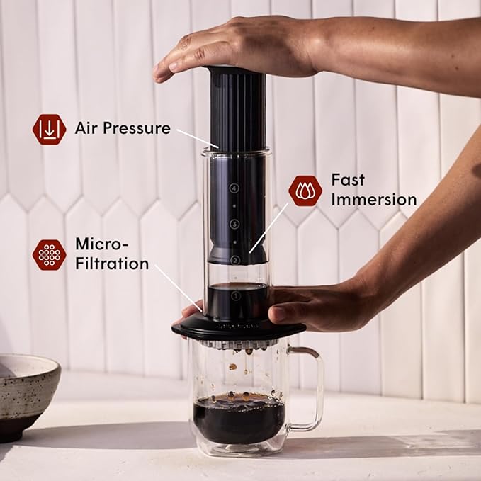 AeroPress Premium Coffee Press, Glass, Stainless Steel & Aluminum, Black | Glass, Stainless Steel & Aluminum, All-in-One French Press, Pour-Over & Espresso Style, Manual Brewer