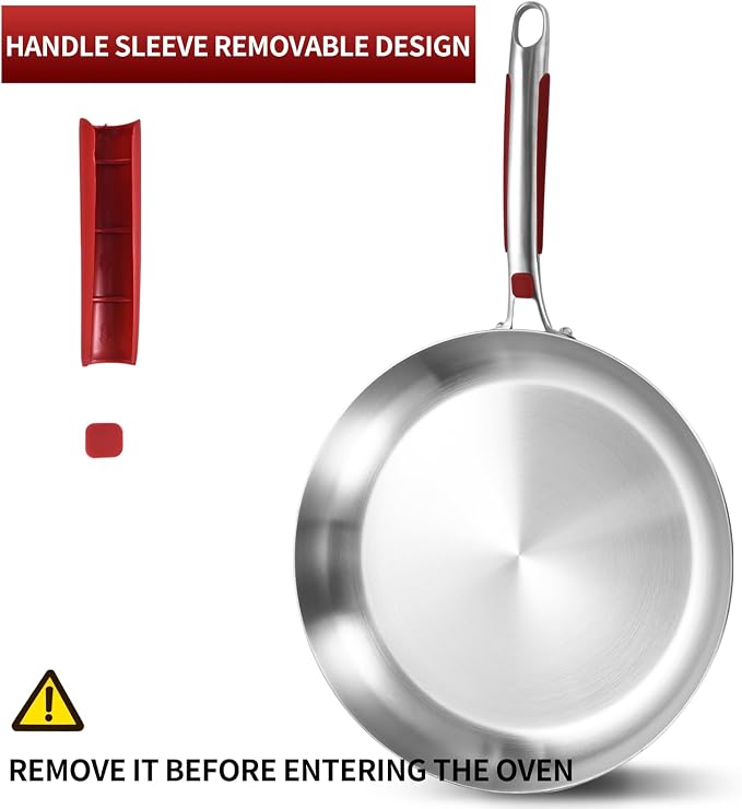 Inqibee 13 Inch Stainless Steel Frying Pan with Lid, Detachable Handle | Tri-Ply Stainless Steel Skillet, Fast & Even Heating, Stay-Cool Removable Silicone Handle, Induction Ready, Dishwasher Safe
