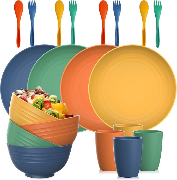 PYRMONT Wheat Straw Plate and Bowl Set 20 PCS Unbreakable Dinnerware Set Service for 4 Dishwasher & Microwave Safe Kitchen Dish Set for RV,Camping and Picnic,Kitchen Essentials-Multi