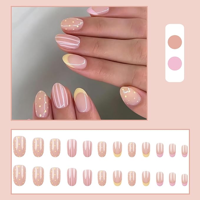 French Press On Nails Short Almond Fake Nails With Stripe Polka Dot Designs | Yellow Pink French False Nails Acrylic Nails Press Ons Glossy Glue On Nail Reusable Stick On Nail For Women 24Pcs